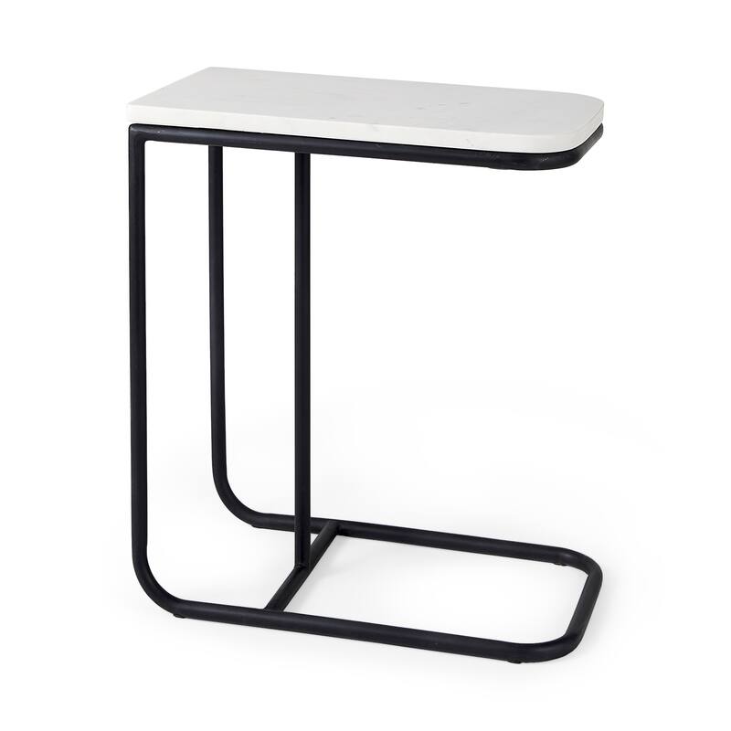 Kyra 12.0L x 20.0W x 23.0H White Marble Top W/Black Iron Frame C-Shaped End and Side Table - Marble - Black/White