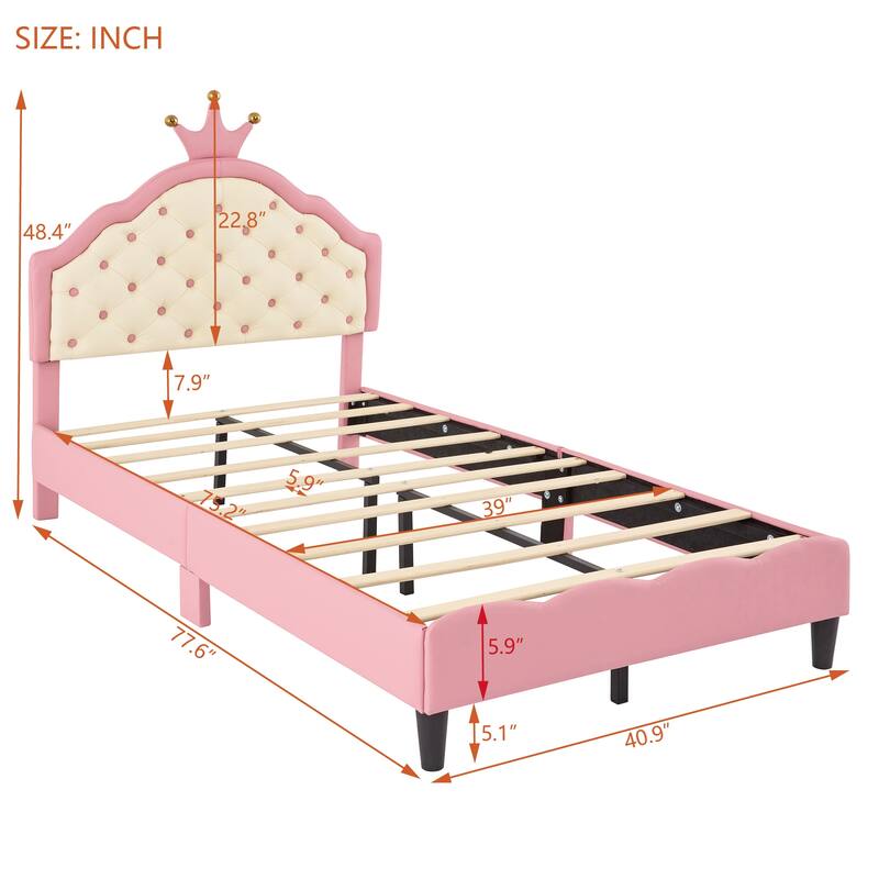 Princess Bed with Crown Headboard and Tufted PU Leather, Dreamy Design, Full and Twin Size, Comfortable and Sturdy for Bedroom