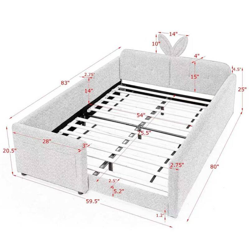 Full Size Upholstered Platform Bed with Rabbit Ear Headboard, Boucle Fabric Kids Bed with Safety Rail and Pocket