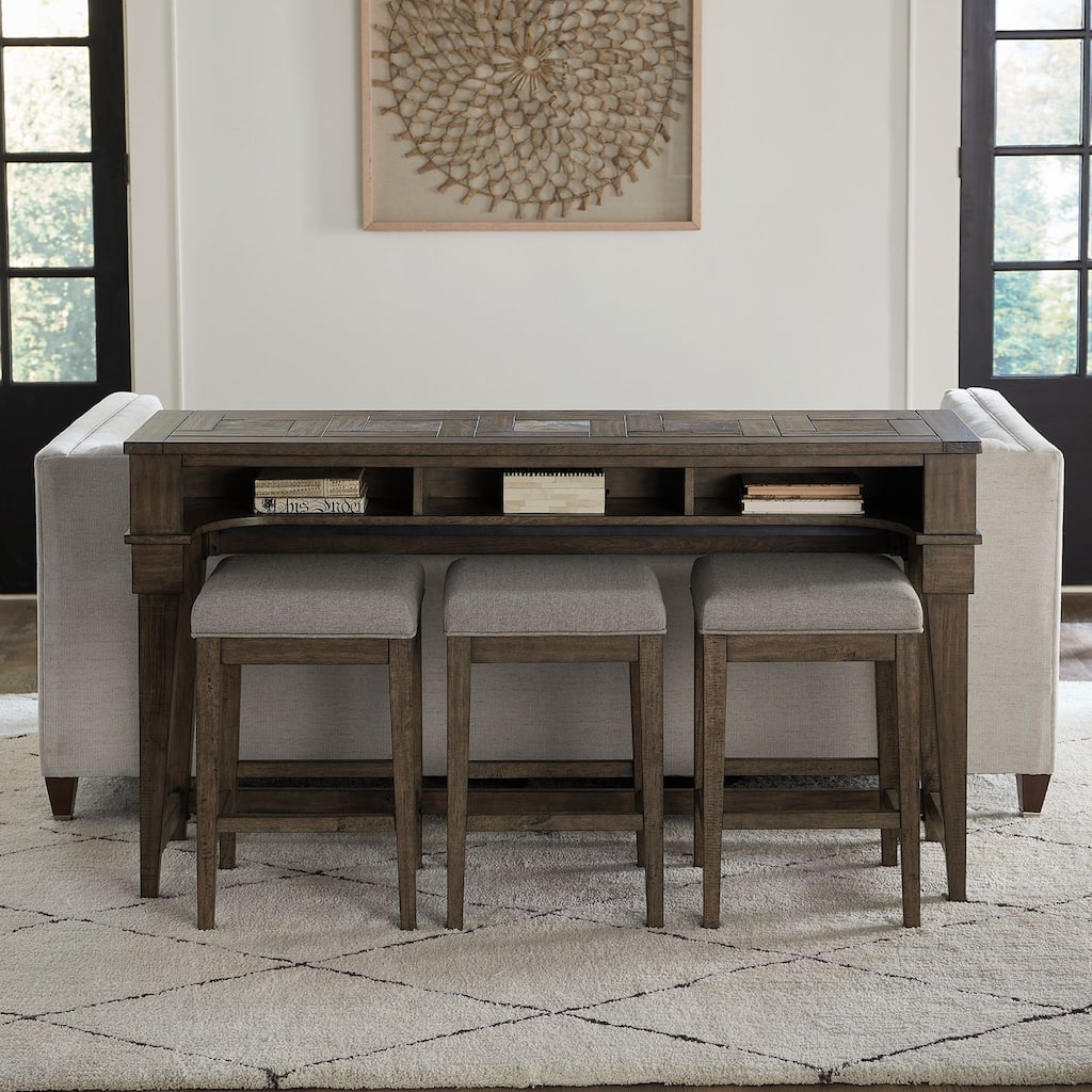 Arrowcreek Console Bar Table, Upholstered Stools 4 Piece Set with Stone Top