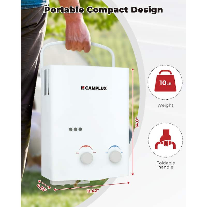 CAMPLUX 1.32 GPM 34,000 BTU Outdoor Portable Propane Tankless Water Heater, White