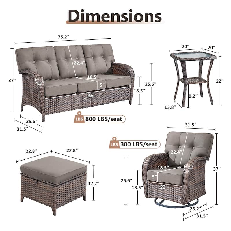 TWrap 6-Piece Patio Brown Wicker Sofa Conversation Set with 5-Inch Thick Cushions