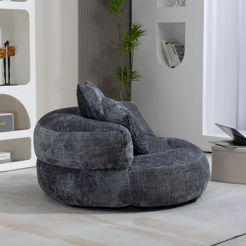 Chenille Oval Bean Bag Chair, Memory Foam Filling Lazy Sofa, Adults Lounge Chair with 3 Pillows & Semi-Wraparound Armrests