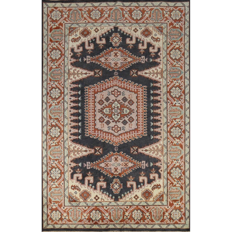 Geometric Viss Indian Area Rug Handmade Wool Carpet - 6'0" x 8'10"