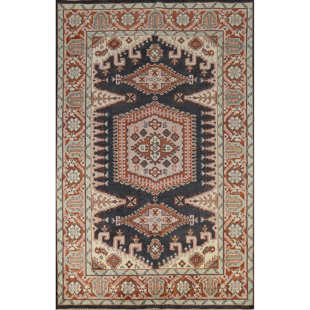 Geometric Viss Indian Area Rug Handmade Wool Carpet - 6'0" x 8'10"