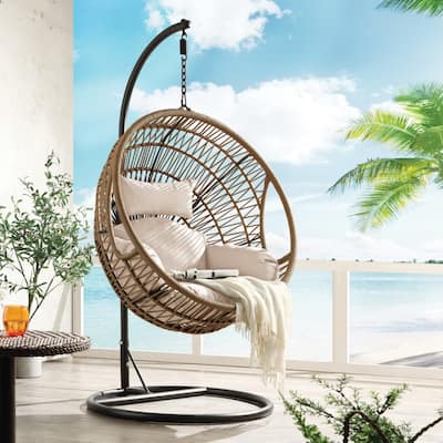 Outdoor Hanging Basket Egg Swing Chair with Steel Stand, Beige Cushion