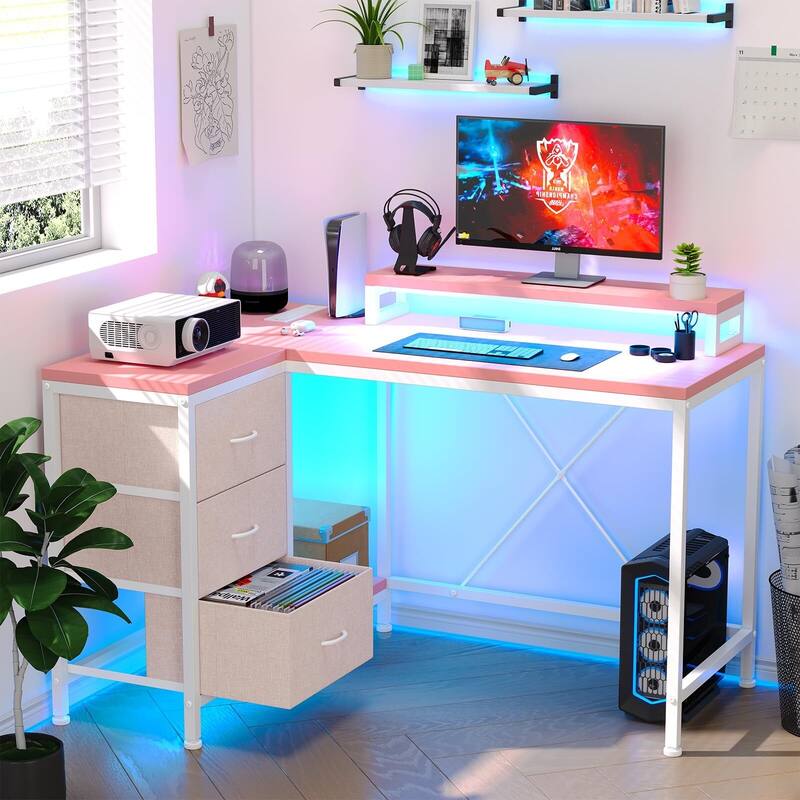 L Shaped Desk with Power Outlets & LED Lights