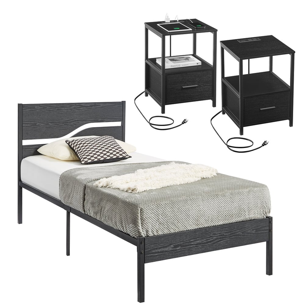 3-pieces Bedroom Set Platform Bed Frame Set of 2 Nightstands with Charging Station USB Port