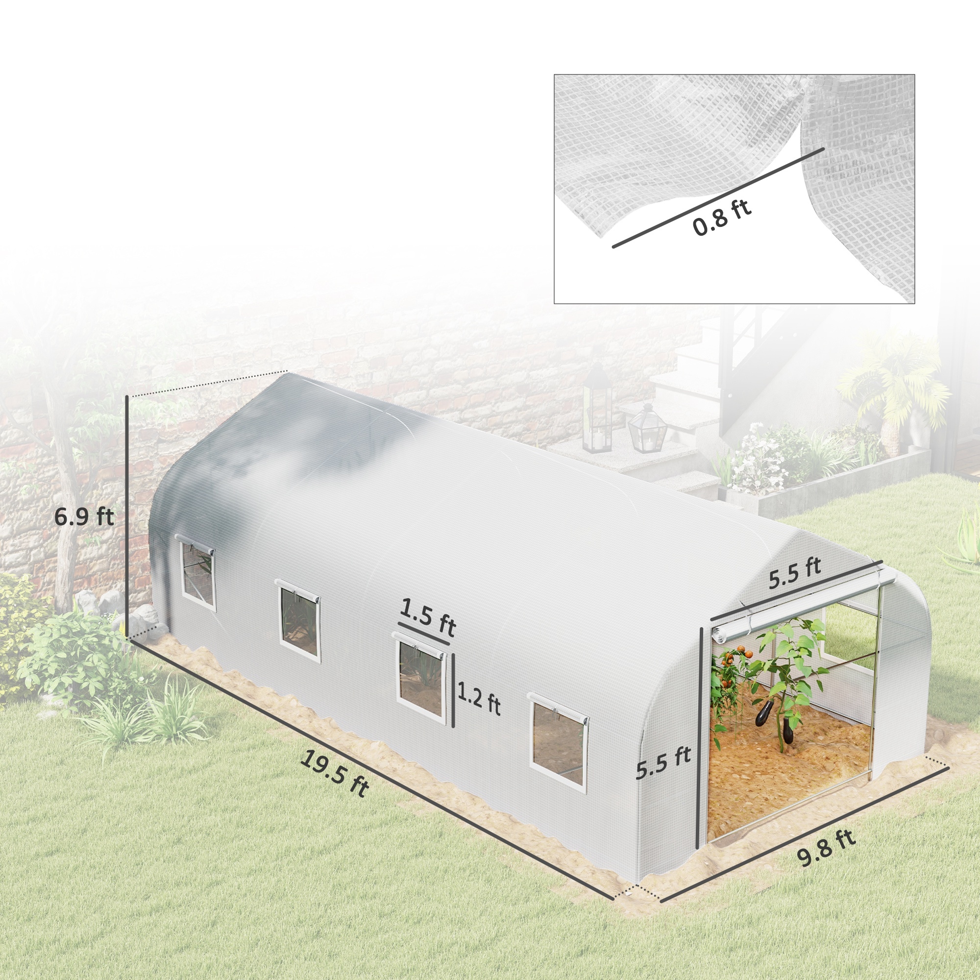 Outsunny 20’ x 10’ x 7’ High Tunnel Walk-In Garden Greenhouse Kit with Plastic Cover & Roll-up Entrance - White