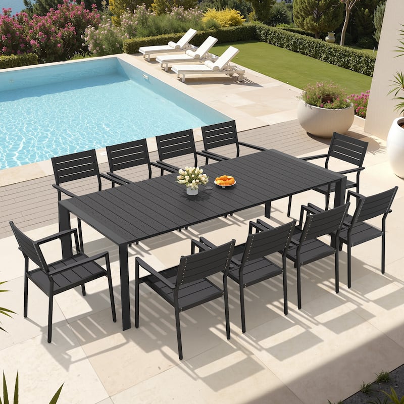 7/9/11-Piece Patio Dining Set Outdoor Aluminum Rectangle Dining Table and Stackable Chairs