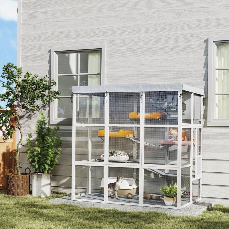 PawHut Catio Outdoor Cat Enclosure, Large Luxury Cat House Outside with Hammock, Condo, Jump Platforms, Ladders, 71"