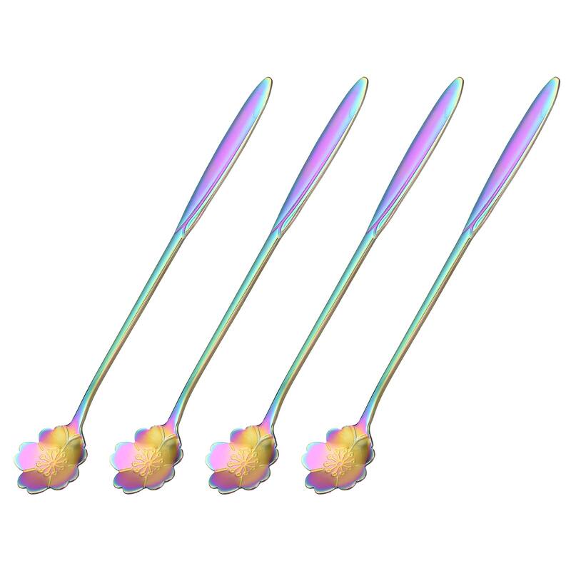 4Pcs 7" Stainless Steel Long Handle Flower Teaspoon Coffee Spoon, Colorful