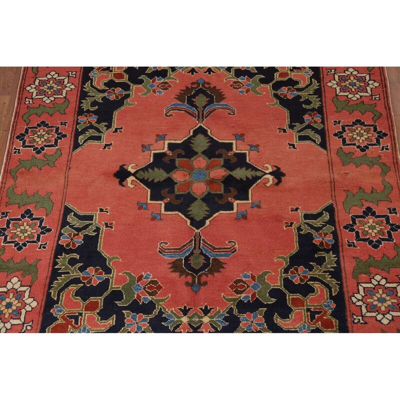 Geometric Anatolian Turkish Area Rug Hand-Knotted Pink Wool Carpet - 4'9"x 6'0"