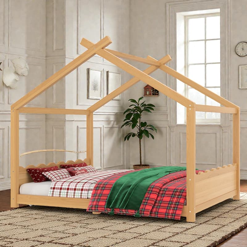 Kids Solid Wood House Floor Bed with Support Slats, Montessori Low Profile Bed, No Box Spring Needed