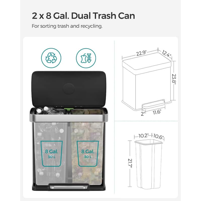 Kitchen Trash Can, 16 Gal. (2 x 8 Gal.) Dual Compartment Garbage Can ...