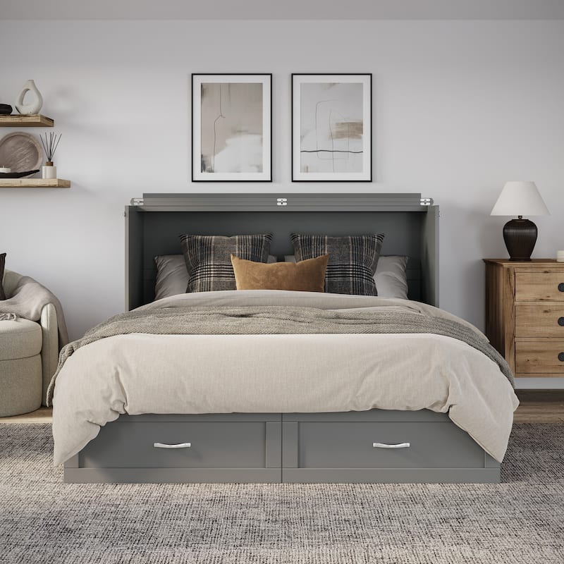 Raleigh Queen Murphy Bed Chest with 6" Mattress, Storage Drawer & Built-In Charger in Grey