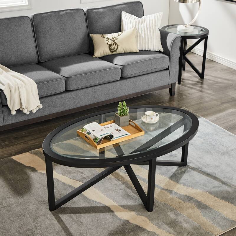 Modern Tempered Glass Coffee Table with Solid Wood Base Round Transparent Glass Top
