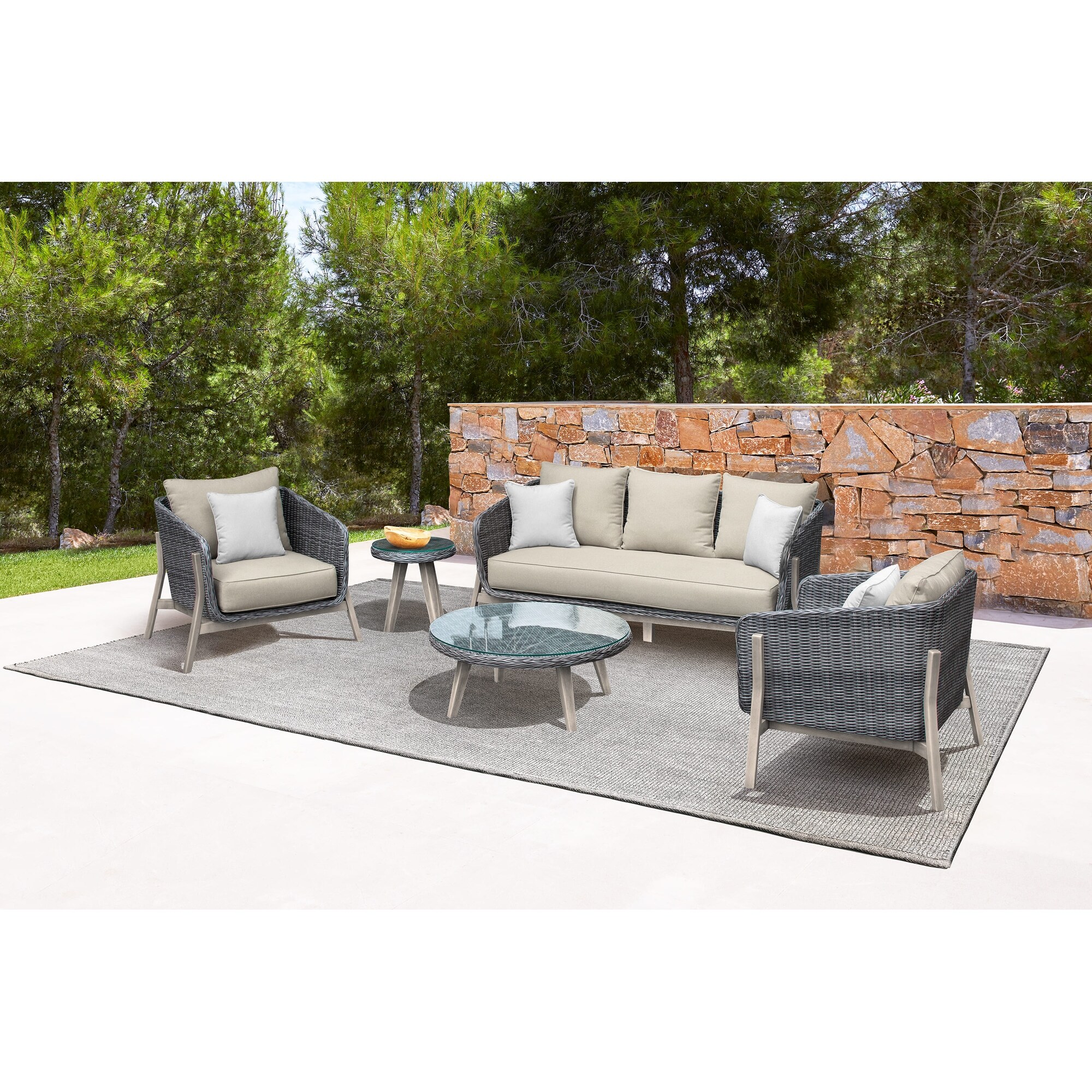 Pismo 4 Piece Outdoor Patio Furniture Set In Acacia Wood And Wicker With Taupe Cushions
