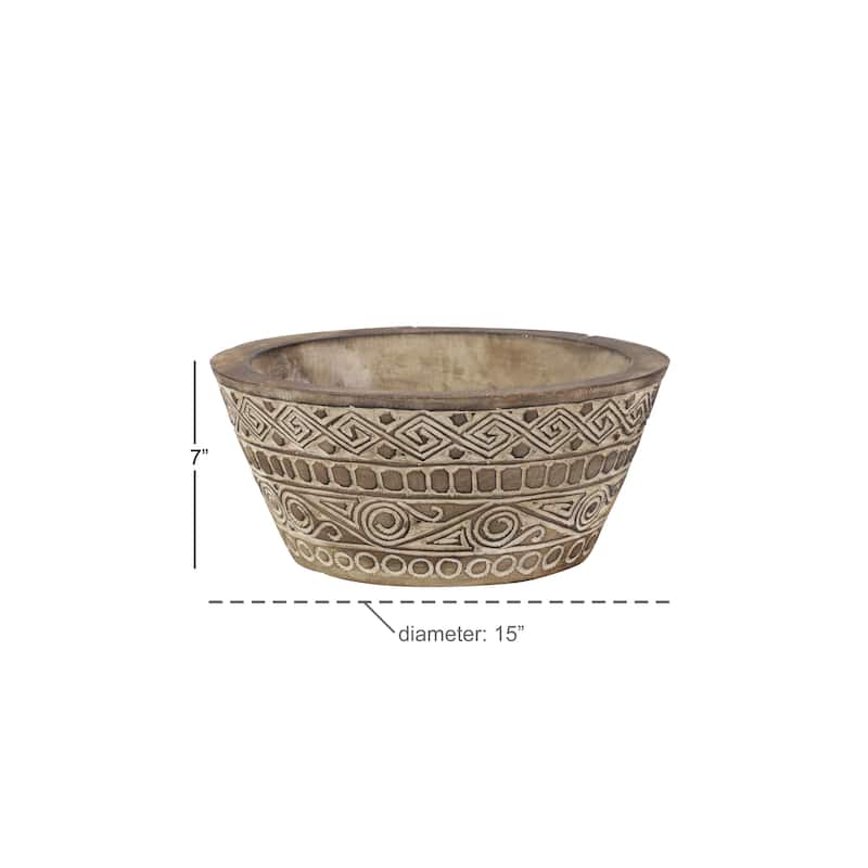 Large Round Decorative Hand-Carved Brown & White Wood Bowl w/ Tribal Design 15.5 x 7 - 16 x 16 x 7Round