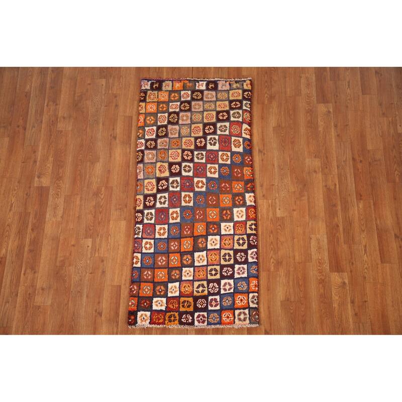 Checkered Gabbeh Persian Vintage Runner Rug Handmade Wool Carpet - 2'1"x 4'9"