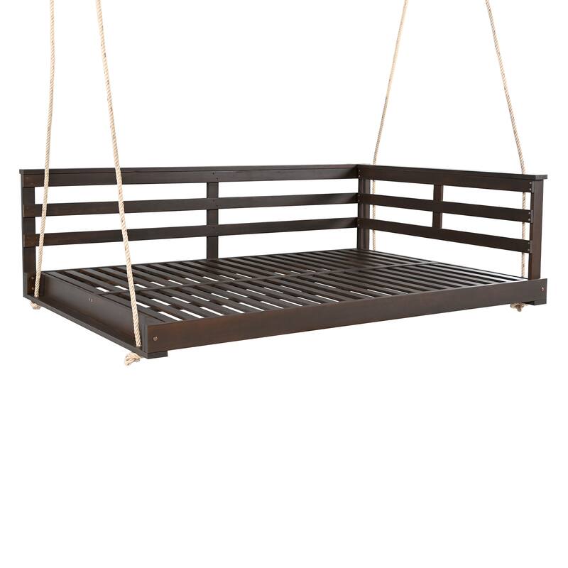 Acacia Wood Porch Swing Bed for Outdoor with Hemp Ropes - Full Size Hanging Bed, 350lbs Capacity, Open-Side Minimalist Design
