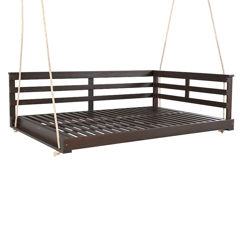 Acacia Wood Porch Swing Bed for Outdoor with Hemp Ropes - Full Size Patio Hanging Bed, 350lbs Capacity