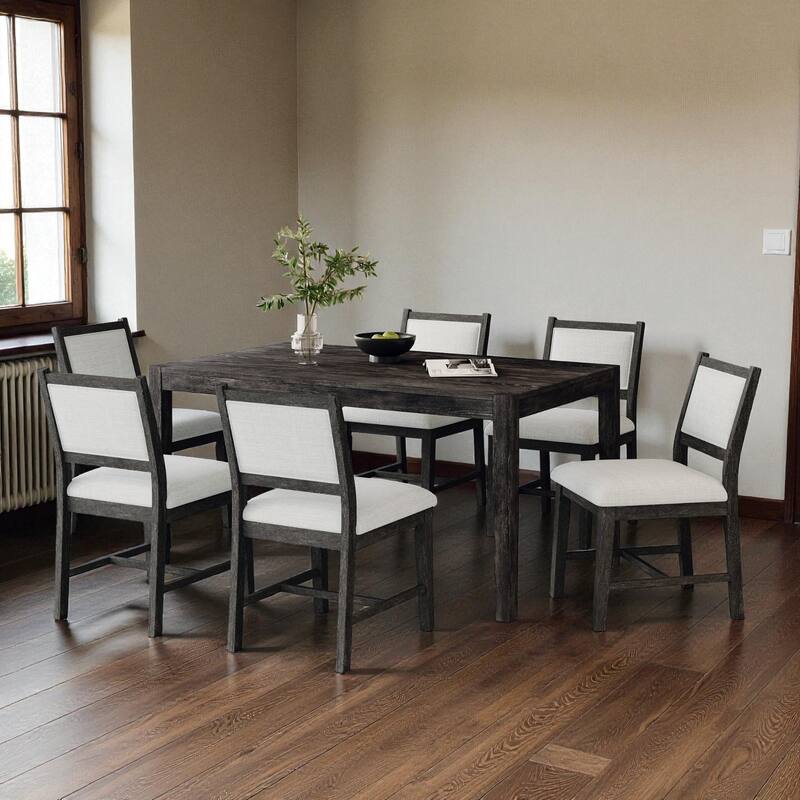 7-Piece Retro Farmhouse Dining Table Set, 59.8" Wood Rectangular Table with 6 Upholstered Chairs for Dining Room - Espresso
