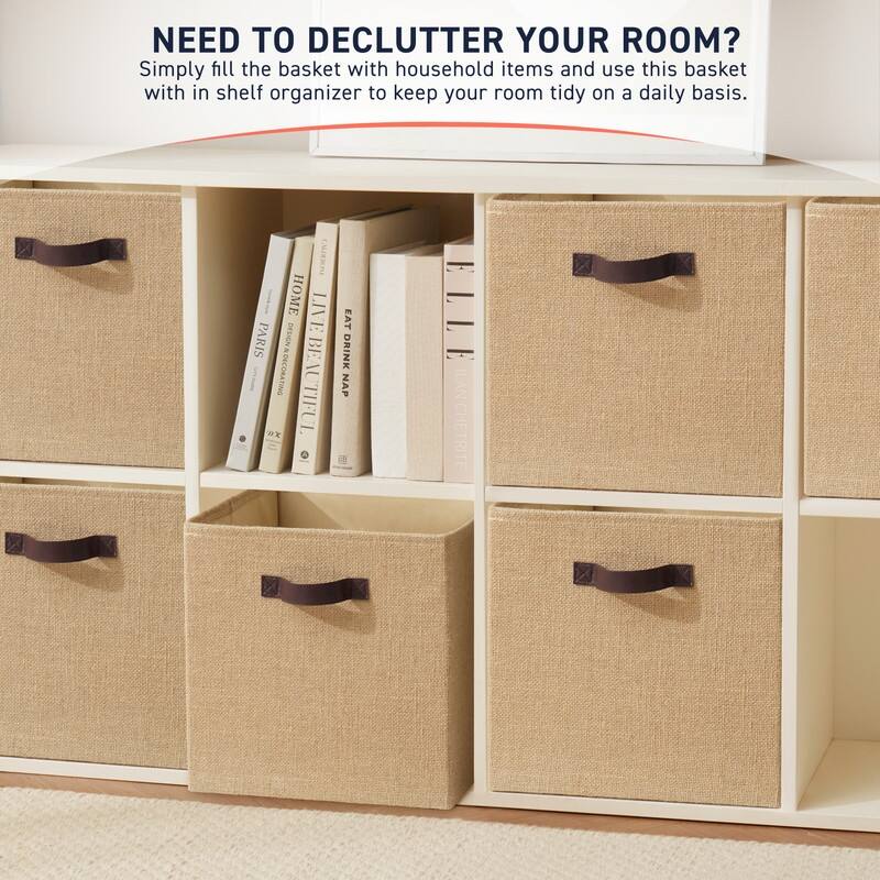 6 Pack Jute Fabric Storage Cube Bin with Faux Leather Handles