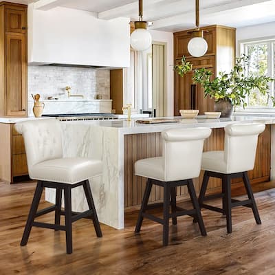 26 in. Set of 3 Upholstered Bar Stools Counter Height Barstool 360° Swivel with Curved Backrest, Armless Stool