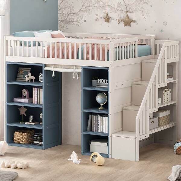 slide 2 of 12, White Wooden Full Size Loft Bed with 2 Four-layer Storage Cabinets and Curtain White