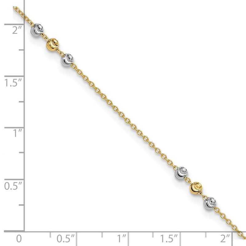 Curata 14k Two tone Gold 9+1" Diamond-cut Triple Bead Station Cable Chain Anklet (Spring-ring)