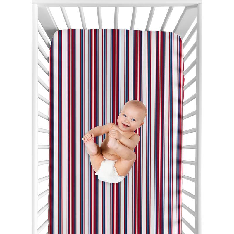 Sweet Jojo Designs Baseball Sports Boy 3 Pack Fitted Crib Sheets - Red, White and Blue Stripes, Solid Navy and Americana Sport