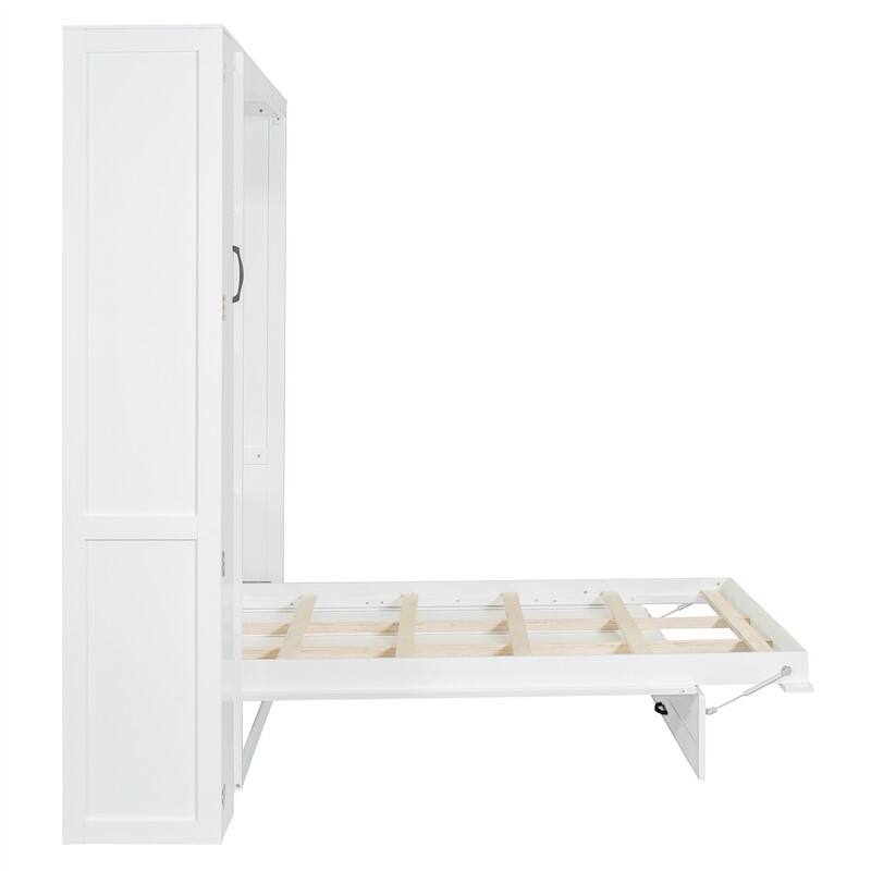 Full/Queen Size Murphy Bed Wall Bed with LED Lights and Storage Cabinet, Foldable Murphy Cabinet Bed with Open Storage Shelves