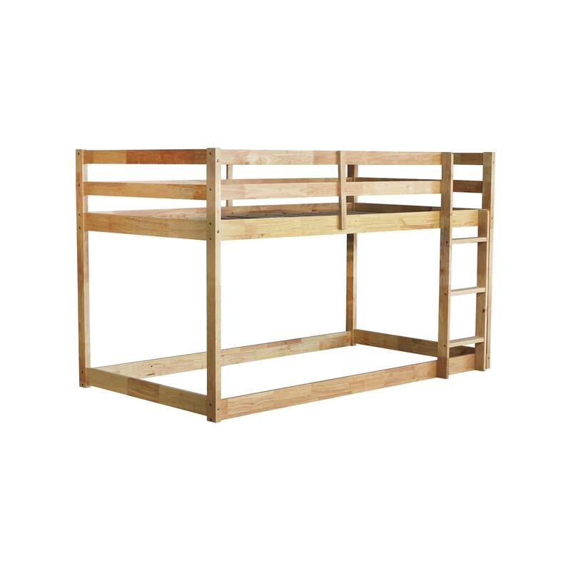 Wooden Twin over Twin Floor Bunk Bed with Ladder, with Bed Platform of Strengthened Slats