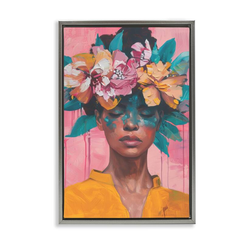 Stupell Woman With Floral Headdress Framed Floater Canvas Wall Art Design By LSR Design Studio - 21 x 31 - Grey