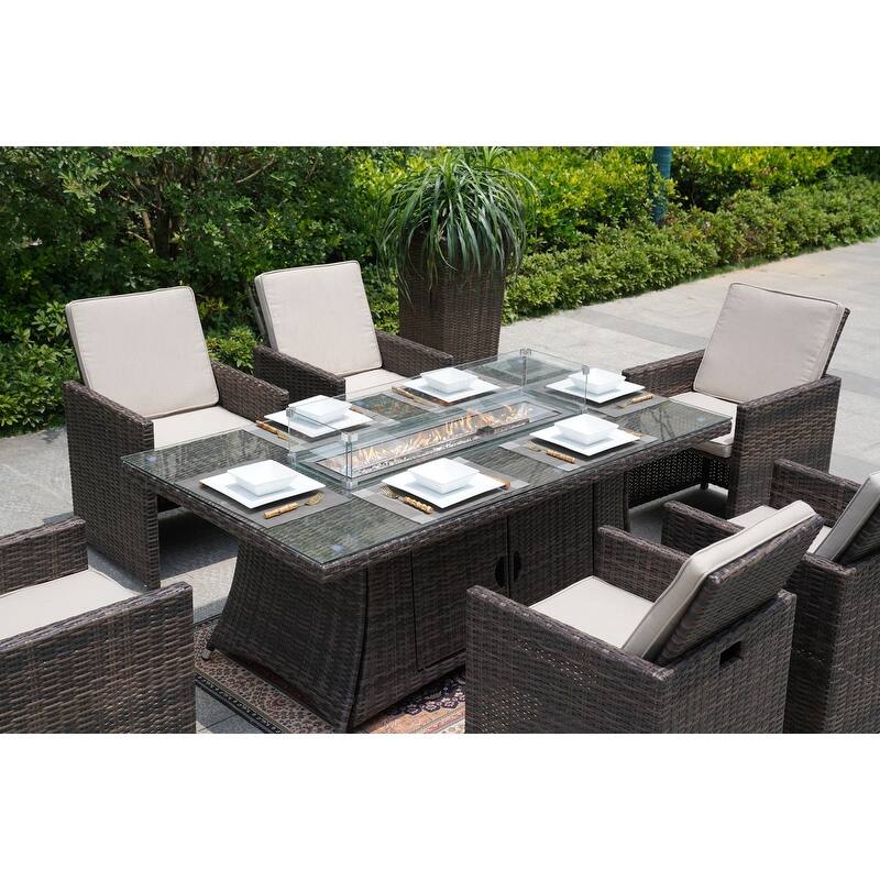 7-Piece Patio Wicker Rectangle Firepit Table with Chairs