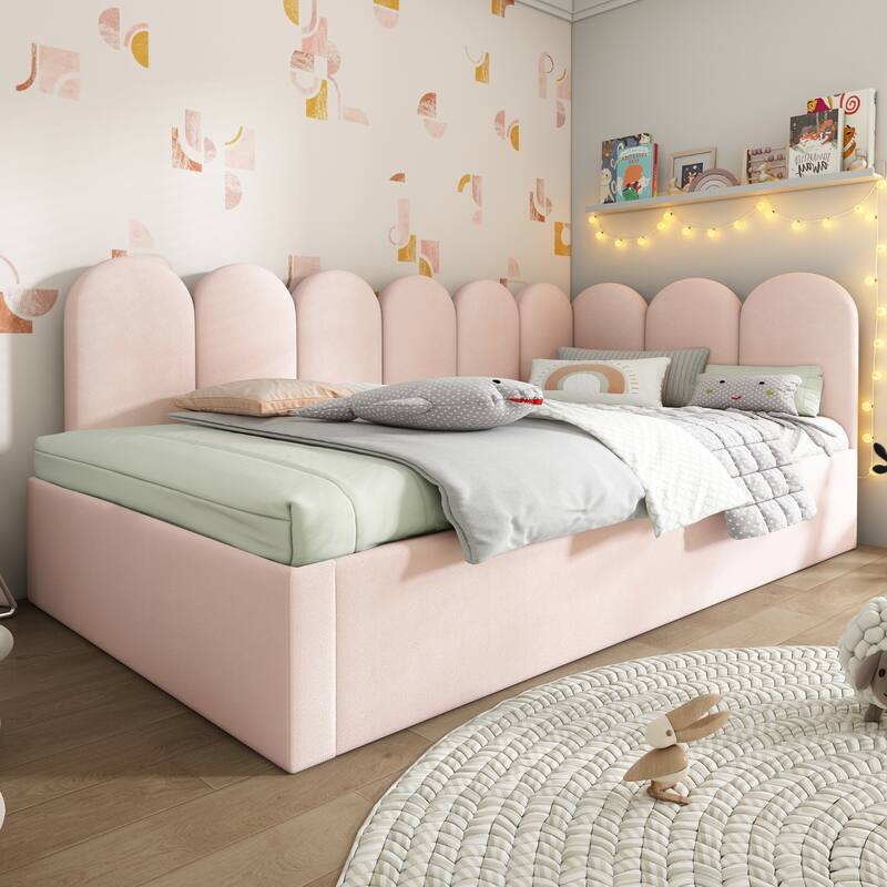 Twin Size Upholstered Daybed with Pull-Out Bed, Velvet Pink Sofa Bed for Adults and Kids, Metal Slatted Frame
