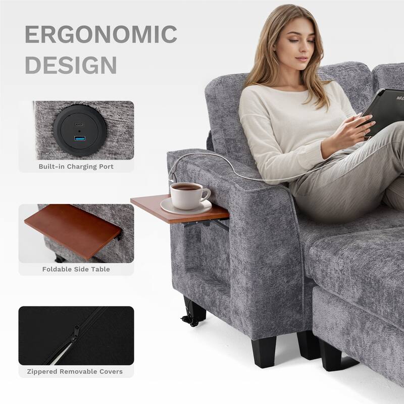 118" U-Shaped Modular Sectional with Storage Ottomans & Drop-Leaf Table - 4-Seat Plush Fabric Sofa for Large Living Rooms