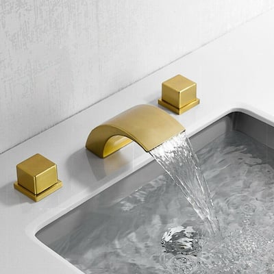 Brushed gold waterfall bathroom sink faucet 3 holes 2 handles with pop up drain - 9'6" x 13'6"