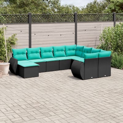 vidaXL 10 Piece Patio Sofa Set with Cushions Black Poly Rattan - 28 x 24.4 x 27.2