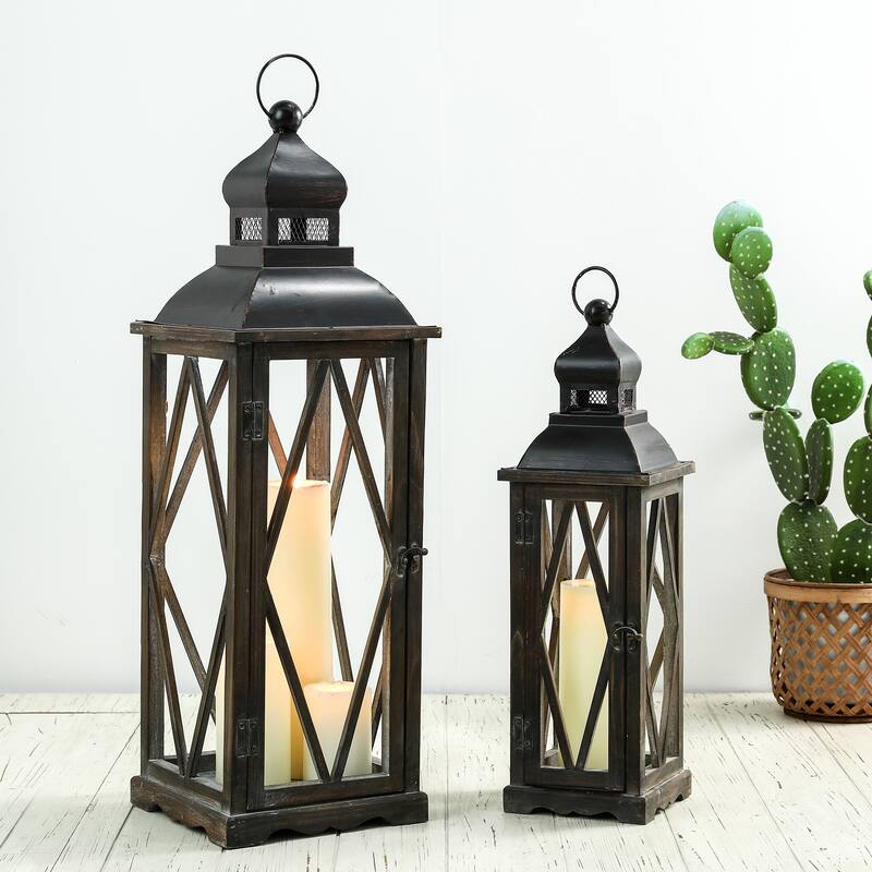 Glitzhome 2-piece Vintage Farmhouse Style Wood/ Metal Lantern Set