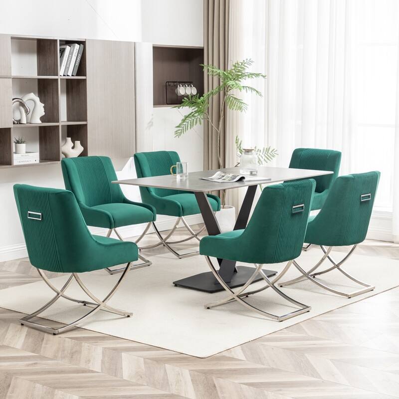 SEYNAR Contempoary Velvet Dining Chair Set of 6 with Metal Frame Legs and Back Pull - Dark Green