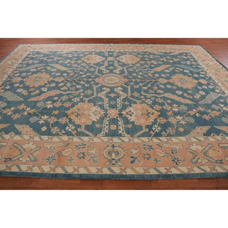 Hand Knotted Oriental 100% Wool Carpet Transitional All-Over Navy Blue & Blues Oushak Area Rug - 13' 10'' X 10' 1''
