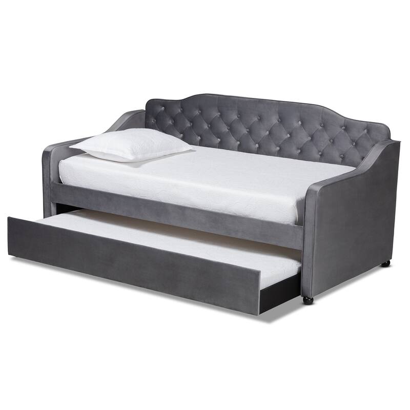 Grey Upholstered Twin Daybed with Trundle, Pleated Textured Fabric and Sleek Design for Modern Guestroom Use
