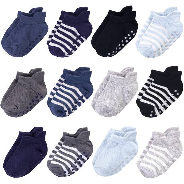 slide 1 of 1, Touched by Nature Baby and Toddler Boy Organic Cotton Socks with Non-Skid Gripper for Fall Resistance, Blue Black 4-6X - Blue Black