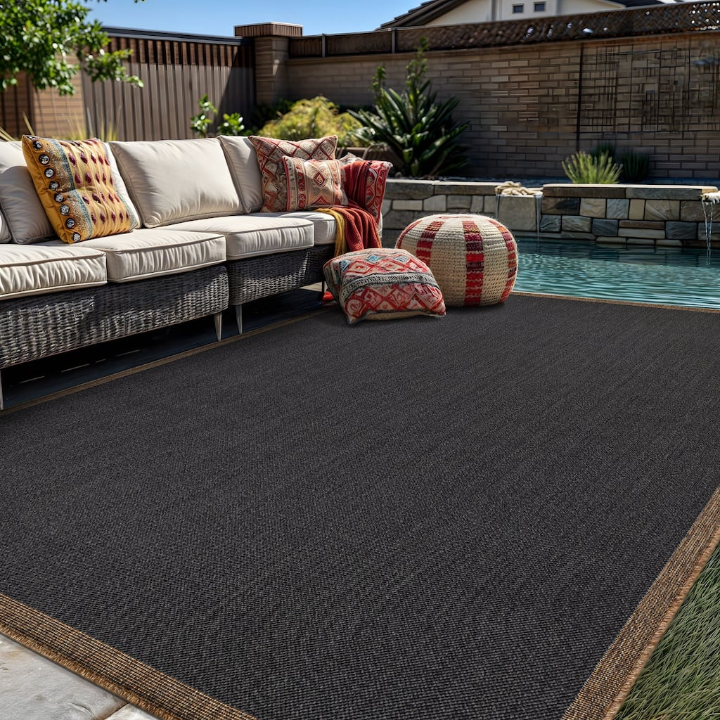 World Rug Gallery Border Indoor/Outdoor Flat Woven Area Rug - Natural Jute-Style, Easy-Care Patio Rug for Backyard Porch Balcony