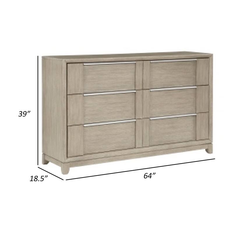 Owen 64 Inch Dresser, 6 Drawers, Pewter Tone Handles, Light Beige Finish