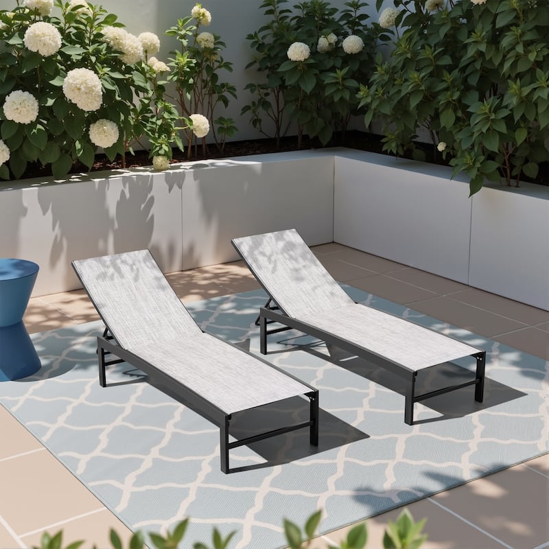 Outdoor Pool Lounger Aluminum All-weather Adjustable Chaise Lounge Chair - See Picture - Earth Fabric, Dark Grey Frame - Set of 2