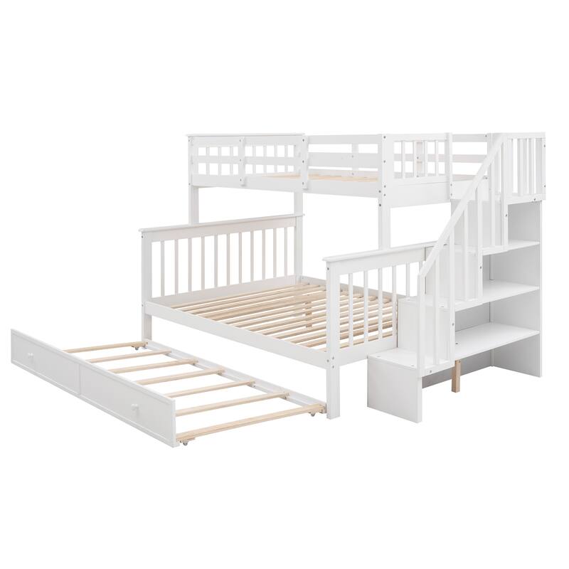 Stairway Twin Over Full Bunk Bed with Twin size Trundle and Guard Rail
