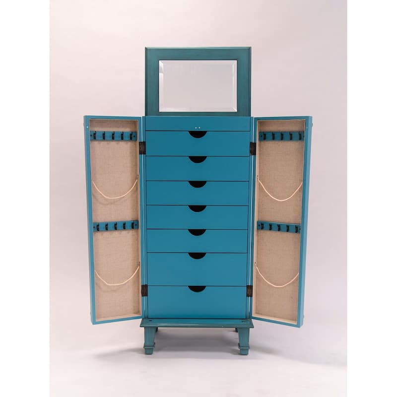 Vintage Turquoise Hand Painted Jewelry Armoire with Antique Drawer Pulls - 13.8 x 19 x 40 inches